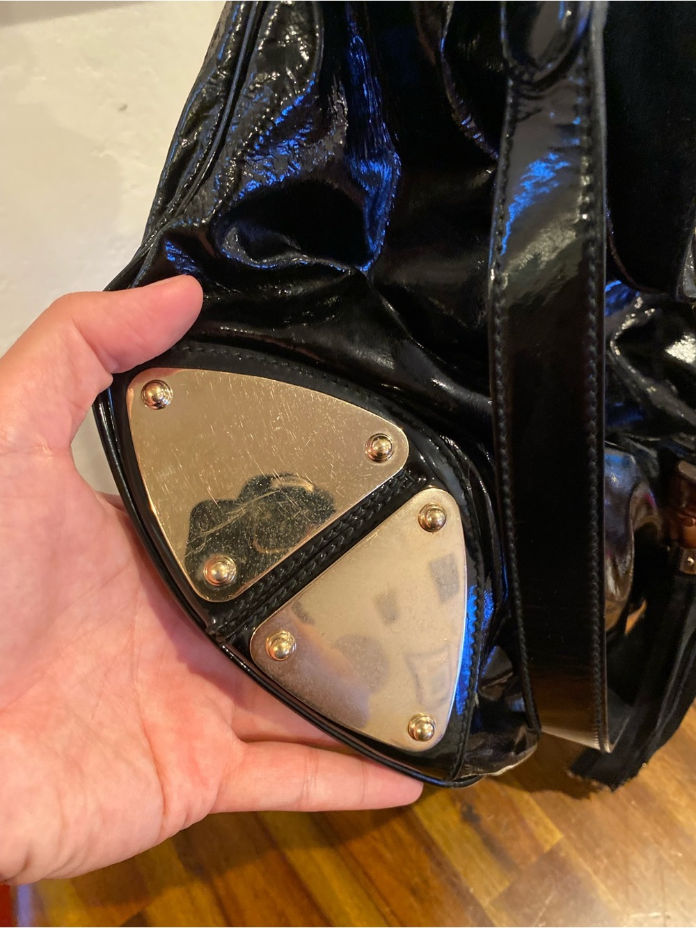 Gucci Indy Black Patent Leather Hobo with Gold-Tone Hardware and Tassel - Picture 11 of 12